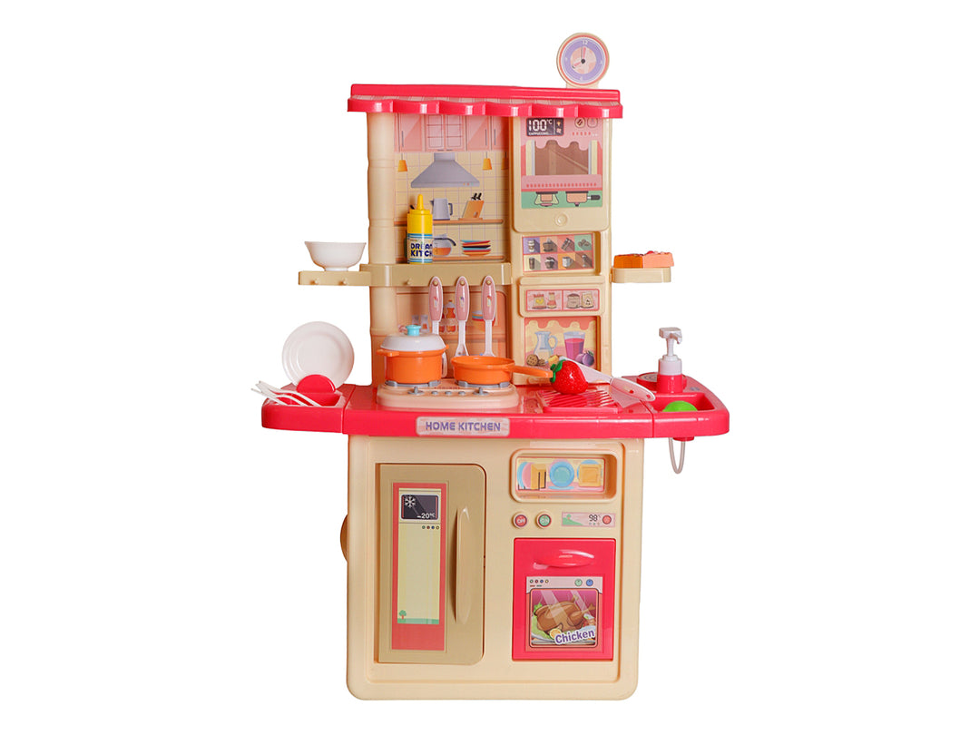 Set de cocina de juguete rosa y blanco con accesorios de comida plástica en su empaque.
