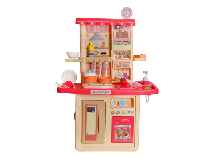 Set de cocina de juguete rosa y blanco con accesorios de comida plástica en su empaque.