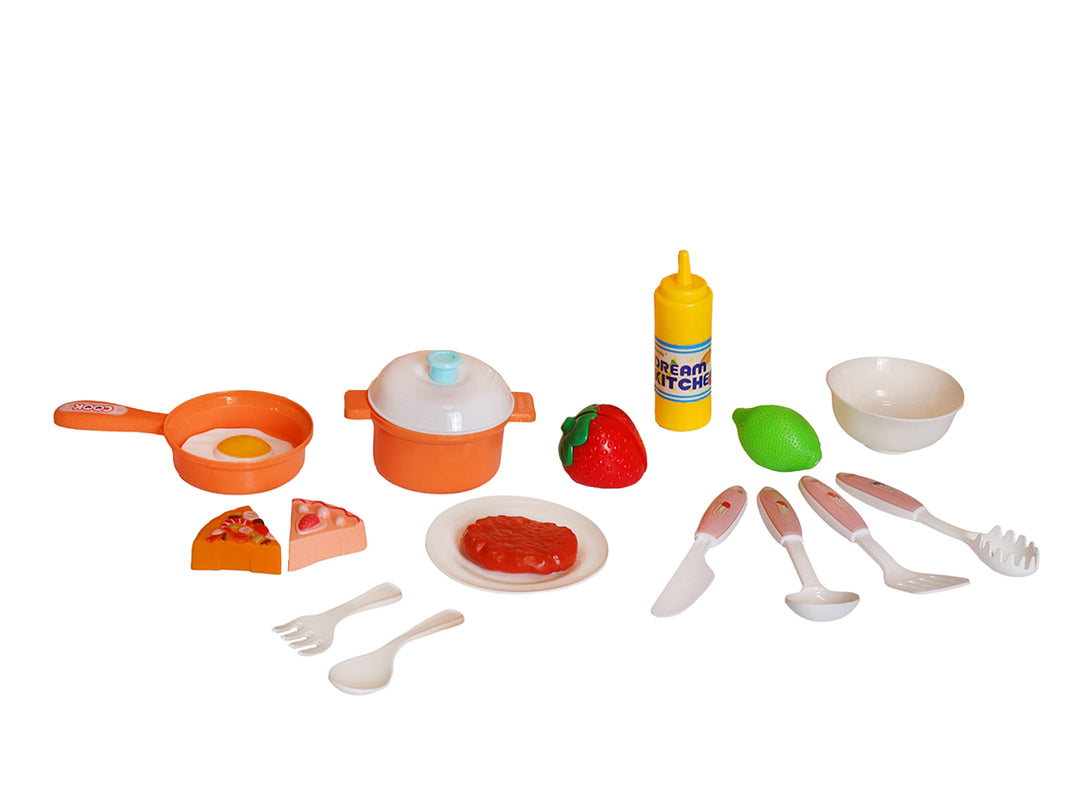 Set de cocina de juguete rosa y blanco con accesorios de comida plástica en su empaque.