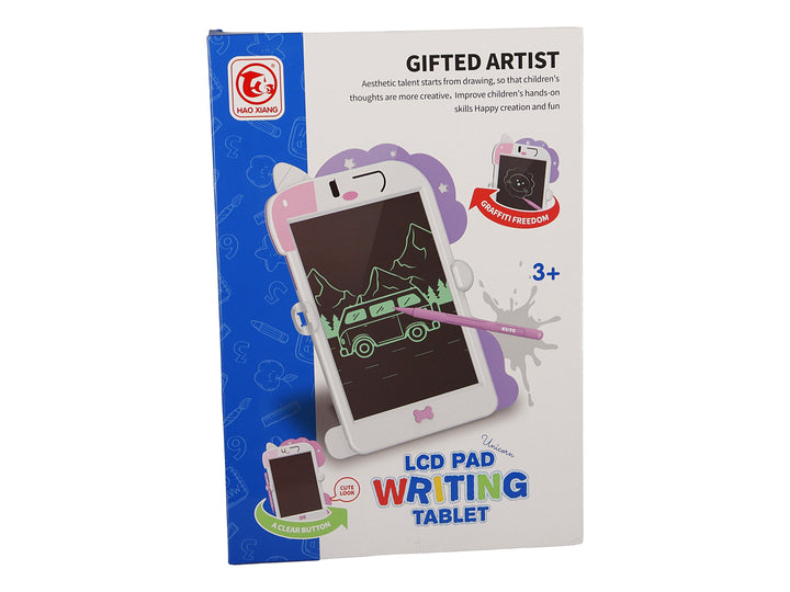 Empaque de tablero de dibujo LCD blanco con detalles en rosa para niños, incluye lápiz y pantalla negra.