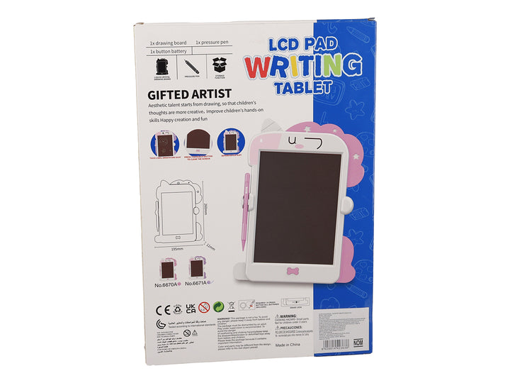 Empaque de tablero de dibujo LCD blanco con detalles en rosa para niños, incluye lápiz y pantalla negra.