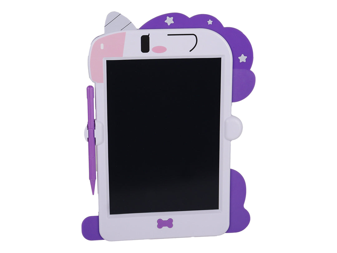 Empaque de tablero de dibujo LCD blanco con detalles en rosa para niños, incluye lápiz y pantalla negra.
