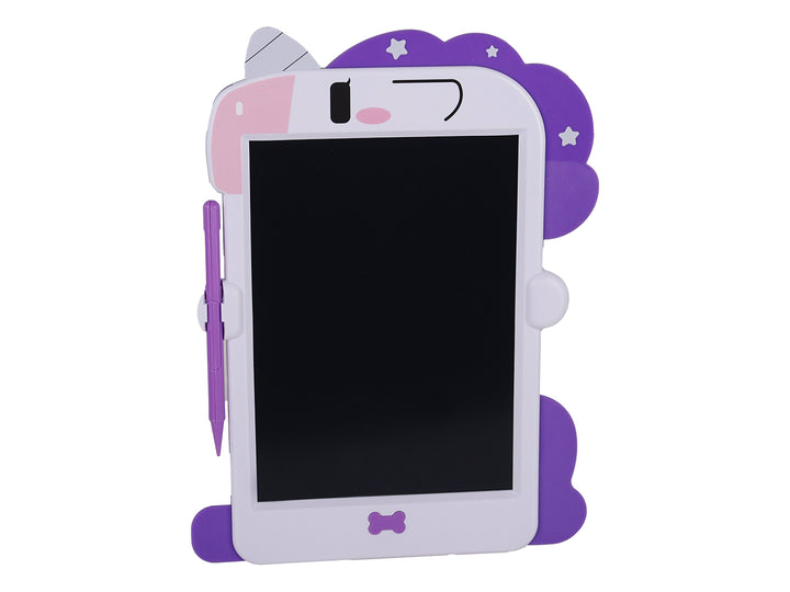 Empaque de tablero de dibujo LCD blanco con detalles en rosa para niños, incluye lápiz y pantalla negra.