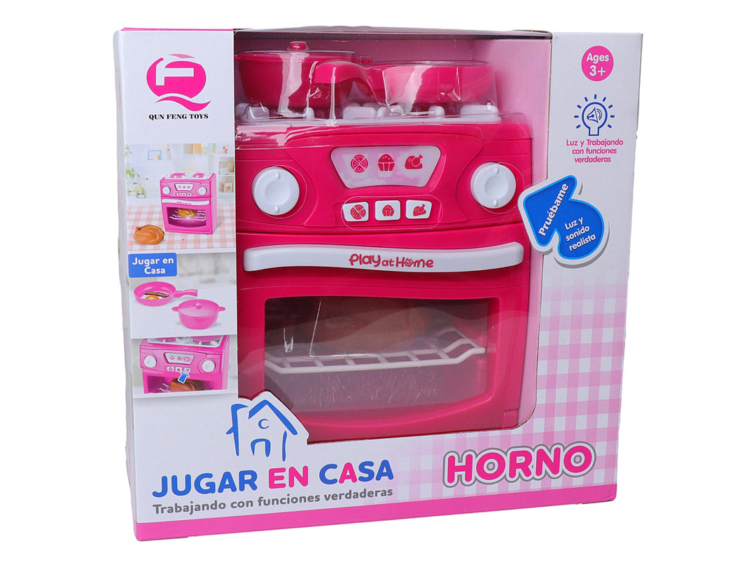 Juego de horno de juguete color rosa con accesorios, empacado en caja blanca y rosa.