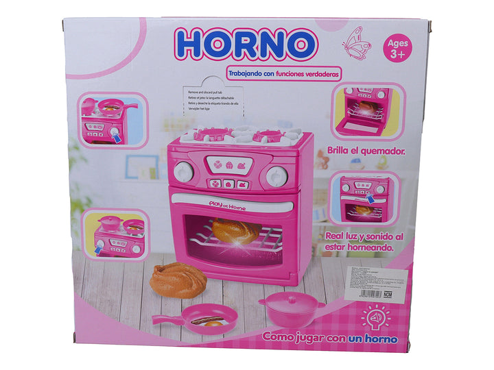 Juego de horno de juguete color rosa con accesorios, empacado en caja blanca y rosa.