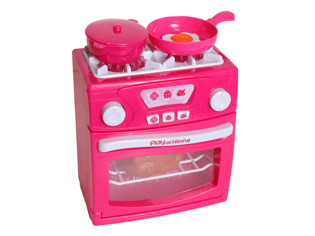 Juego de horno de juguete color rosa con accesorios, empacado en caja blanca y rosa.