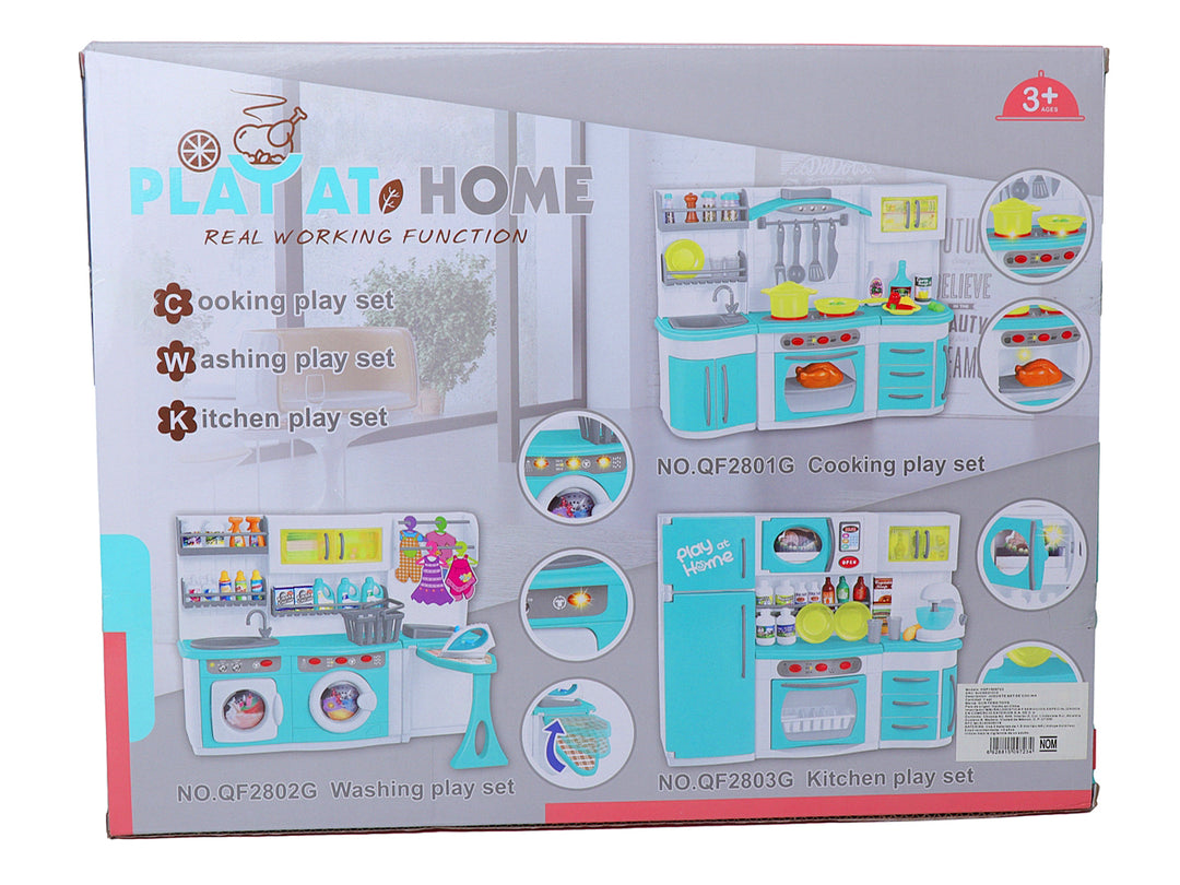 Set de cocina de juguete multicolor con refrigerador, horno y accesorios en su empaque original.