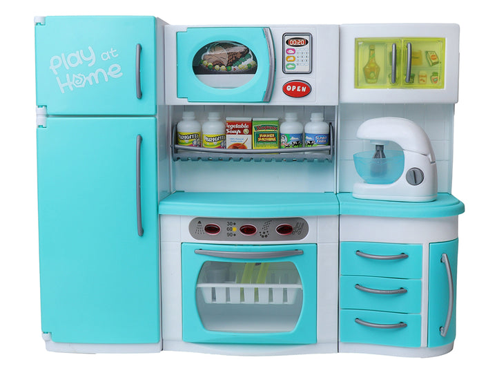 Set de cocina de juguete multicolor con refrigerador, horno y accesorios en su empaque original.