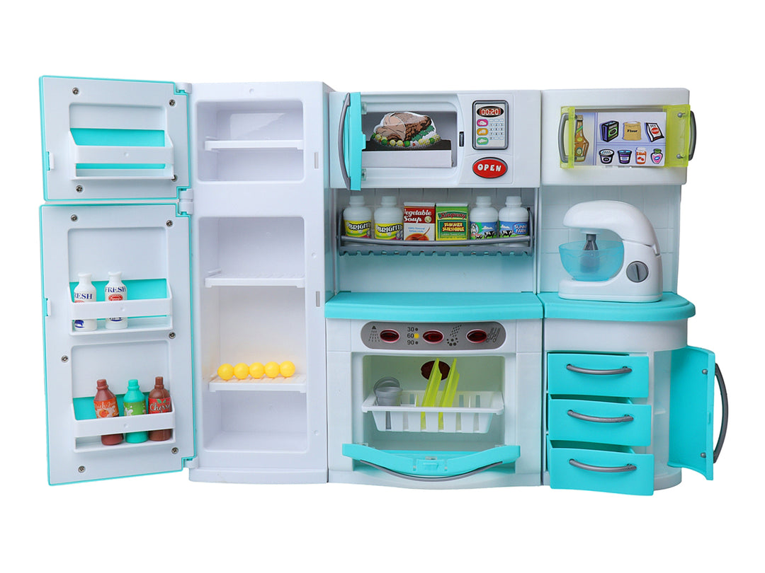 Set de cocina de juguete multicolor con refrigerador, horno y accesorios en su empaque original.