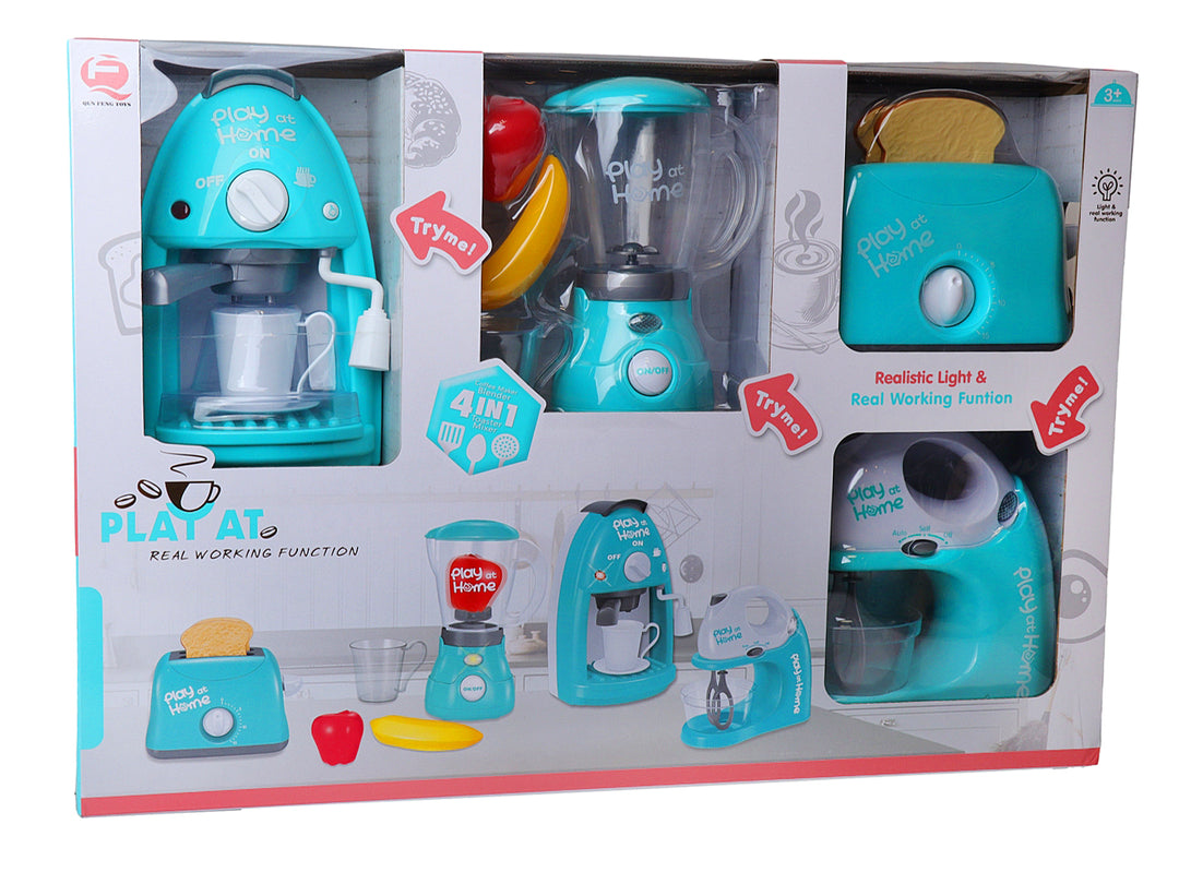 Set de juguetes de electrodomésticos de cocina color turquesa con accesorios.