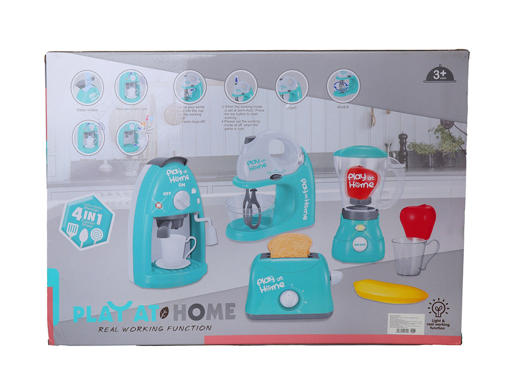 Set de juguetes de electrodomésticos de cocina color turquesa con accesorios.
