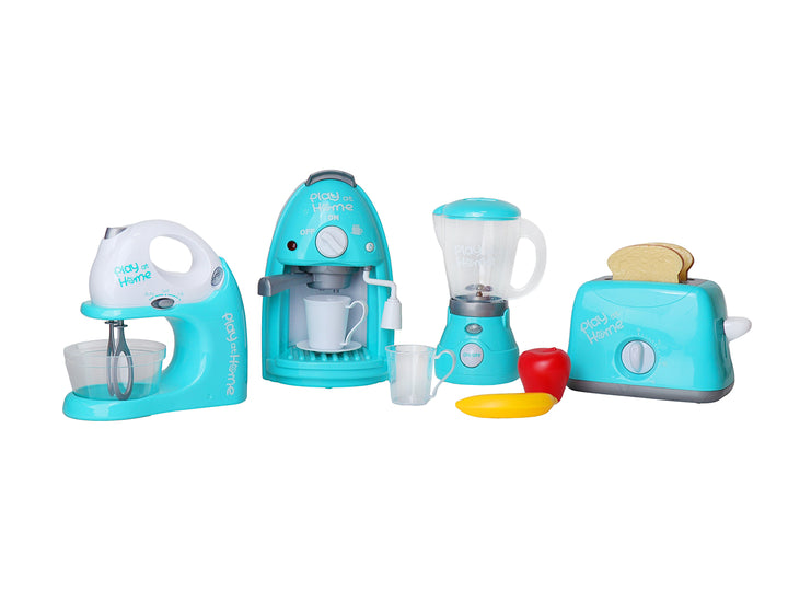 Set de juguetes de electrodomésticos de cocina color turquesa con accesorios.