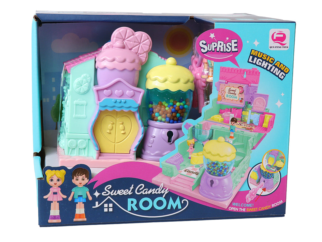 Juguete Casita Sweet Candy Room de colores pastel con accesorios y figuras, empacado en caja.