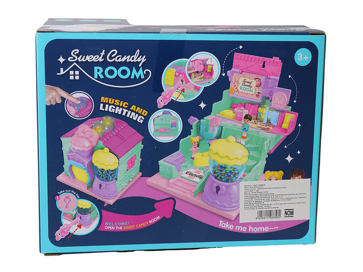 Juguete Casita Sweet Candy Room de colores pastel con accesorios y figuras, empacado en caja.