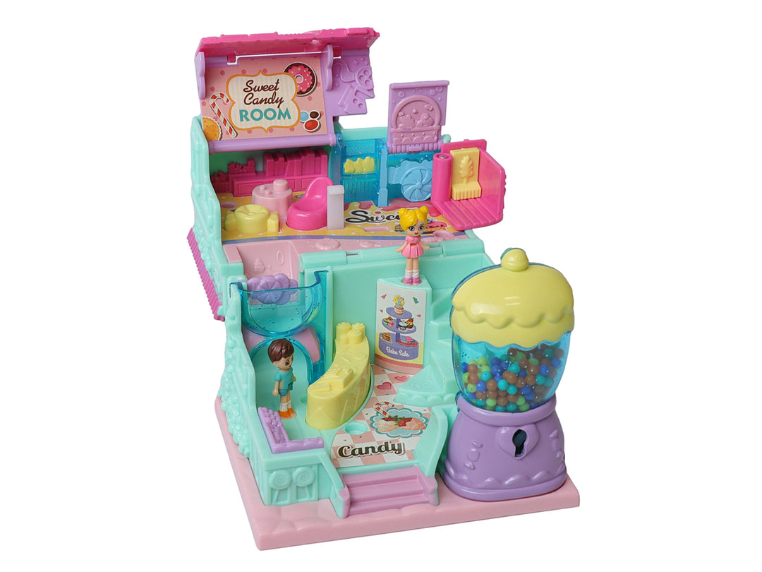 Juguete Casita Sweet Candy Room de colores pastel con accesorios y figuras, empacado en caja.