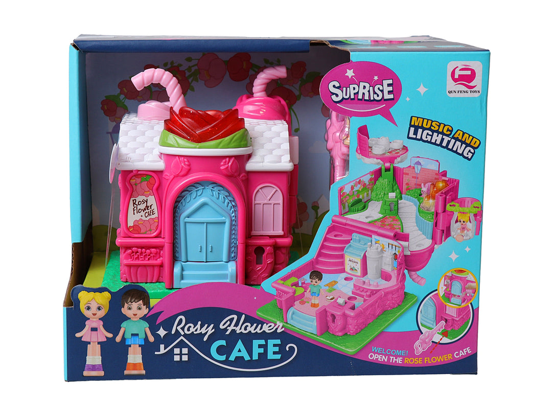 Juguete de casita de café multicolor con detalles en rosa y blanco, incluye accesorios y empaque original.