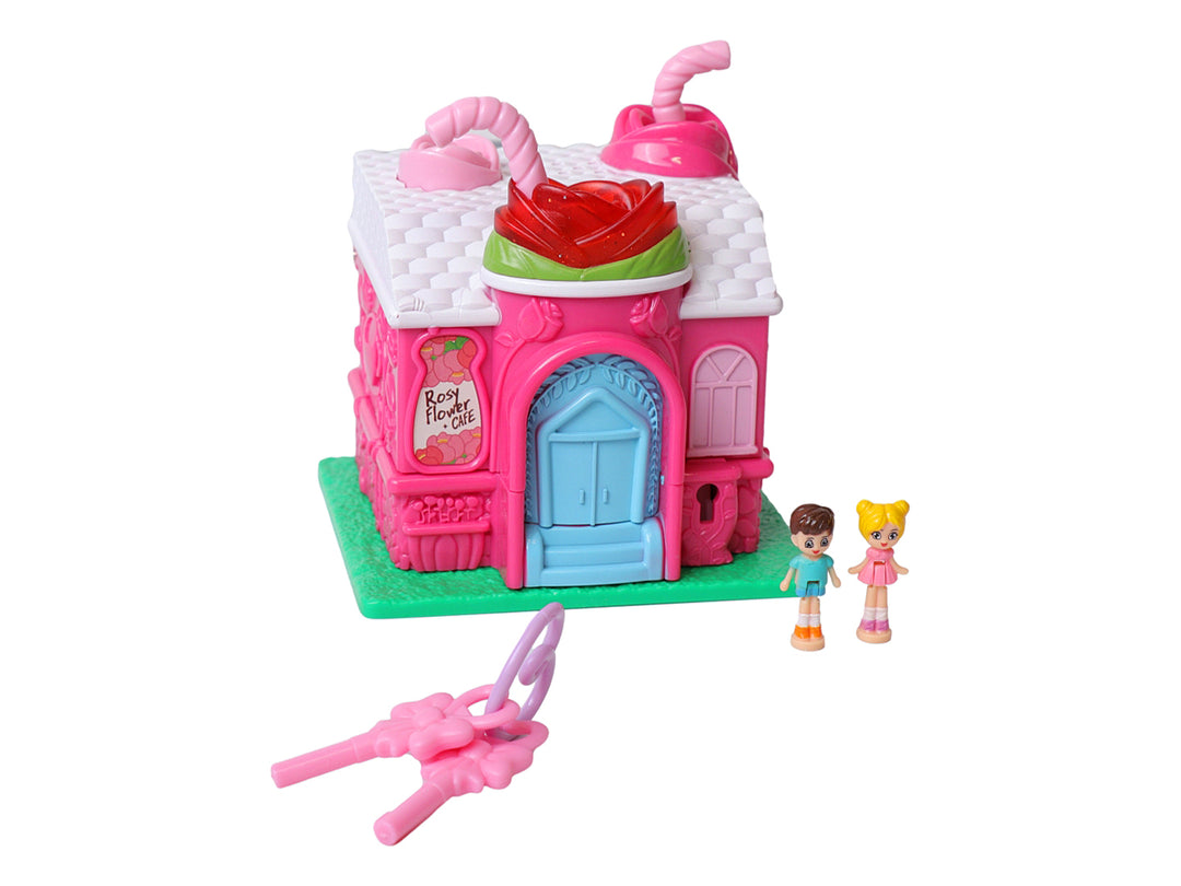 Juguete de casita de café multicolor con detalles en rosa y blanco, incluye accesorios y empaque original.
