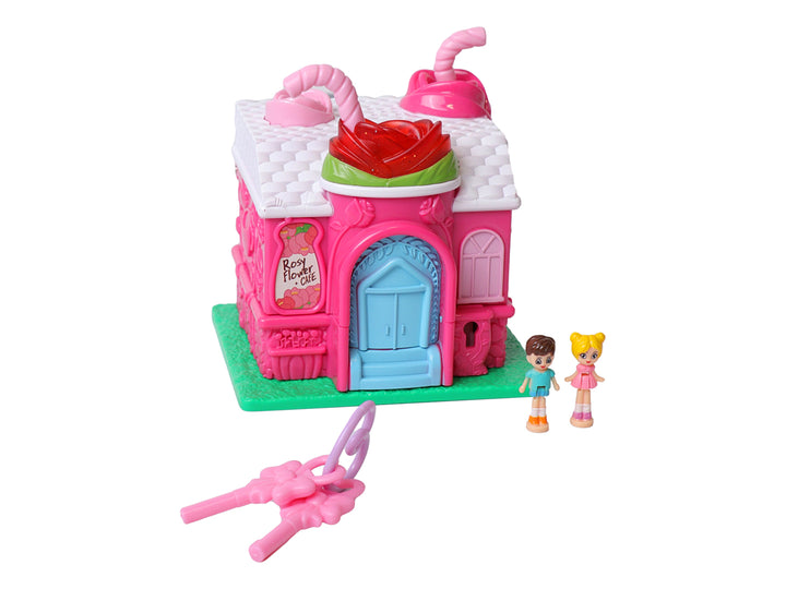 Juguete de casita de café multicolor con detalles en rosa y blanco, incluye accesorios y empaque original.