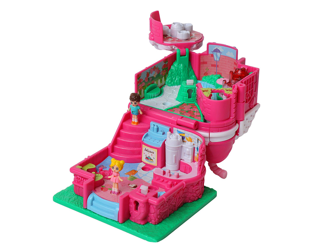 Juguete de casita de café multicolor con detalles en rosa y blanco, incluye accesorios y empaque original.