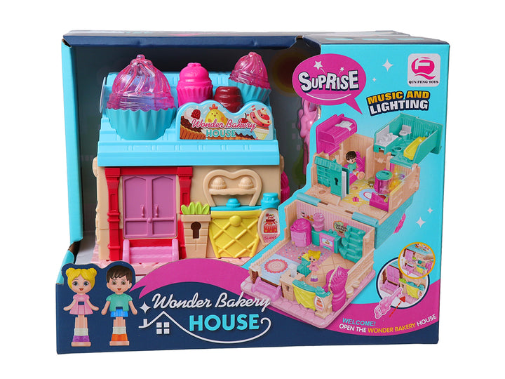 Set de juguete Wonder Bakery House en colores rosa, azul y amarillo con accesorios de panadería y figuras.