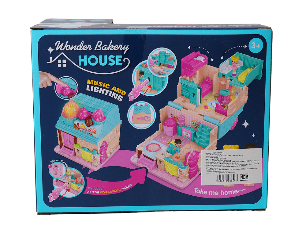 Set de juguete Wonder Bakery House en colores rosa, azul y amarillo con accesorios de panadería y figuras.