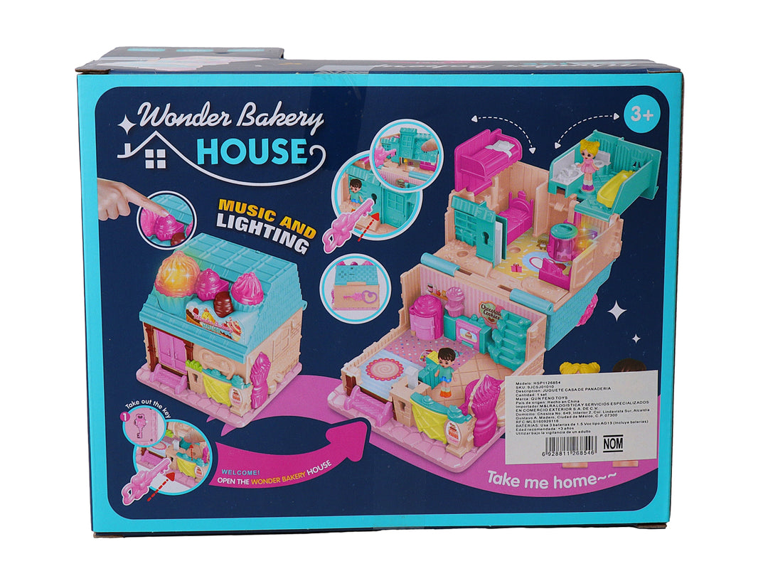 Set de juguete Wonder Bakery House en colores rosa, azul y amarillo con accesorios de panadería y figuras.