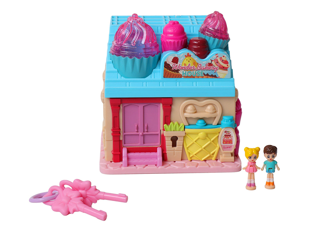 Set de juguete Wonder Bakery House en colores rosa, azul y amarillo con accesorios de panadería y figuras.