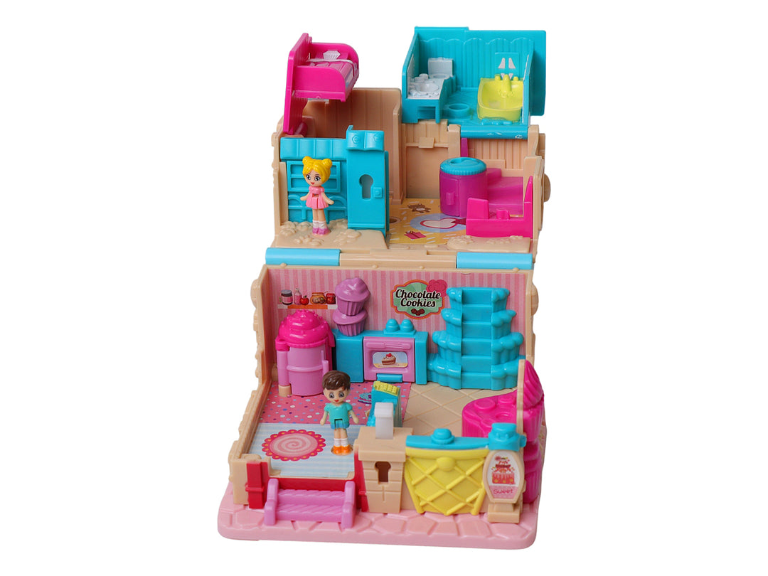 Set de juguete Wonder Bakery House en colores rosa, azul y amarillo con accesorios de panadería y figuras.