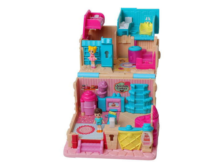 Set de juguete Wonder Bakery House en colores rosa, azul y amarillo con accesorios de panadería y figuras.