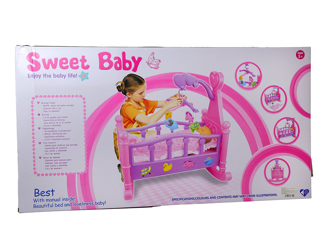 Set de juguete Sweet Baby que incluye una muñeca bebé y una cuna rosa con accesorios.