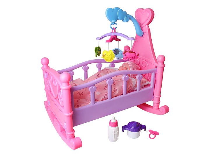 Set de juguete Sweet Baby que incluye una muñeca bebé y una cuna rosa con accesorios.