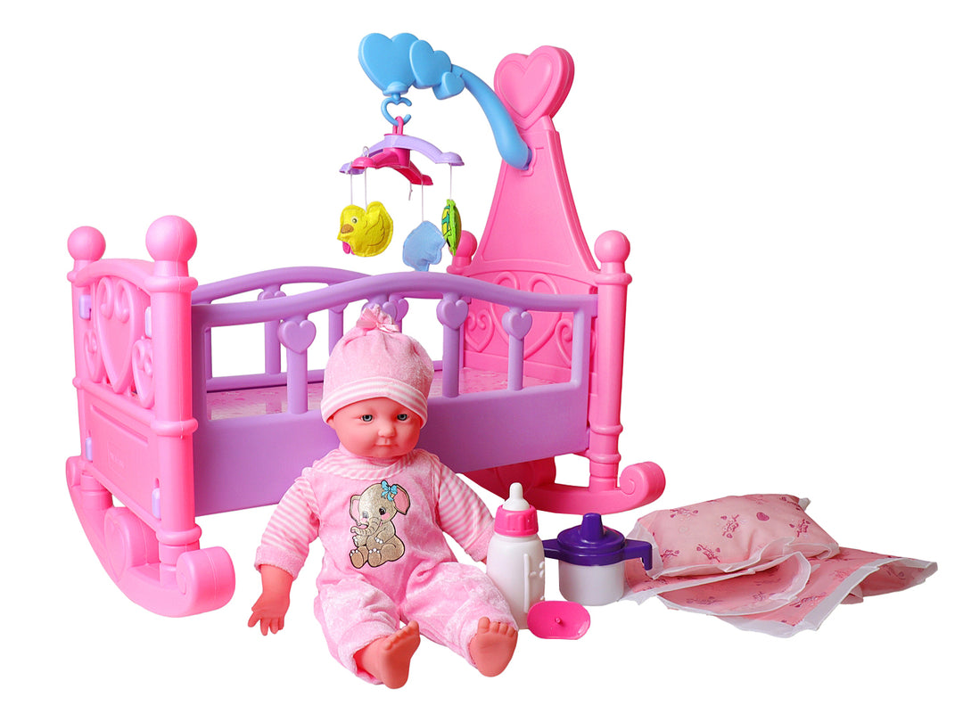 Set de juguete Sweet Baby que incluye una muñeca bebé y una cuna rosa con accesorios.