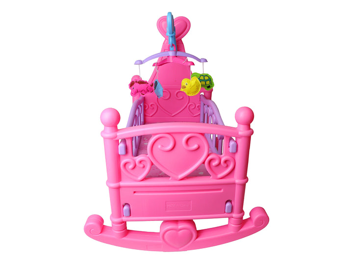Set de juguete Sweet Baby que incluye una muñeca bebé y una cuna rosa con accesorios.