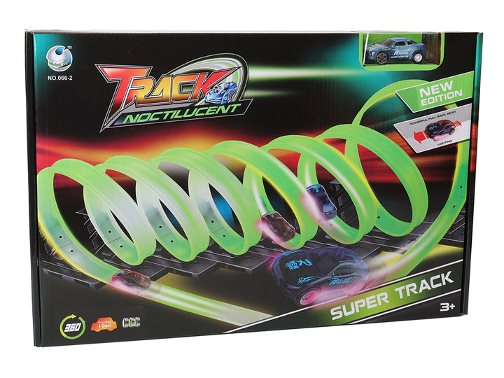Caja de juguete KELDER TOYS Track Noctilucent con pista en espiral verde y autos de carreras.