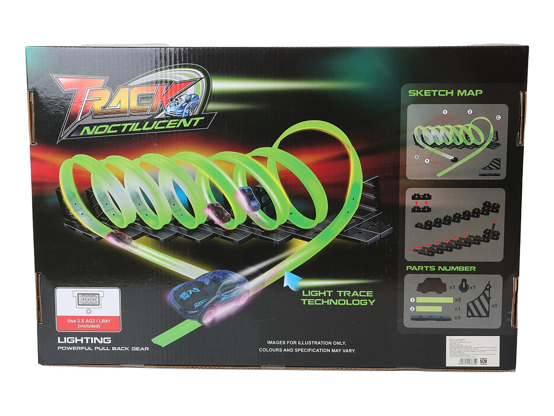 Caja de juguete KELDER TOYS Track Noctilucent con pista en espiral verde y autos de carreras.