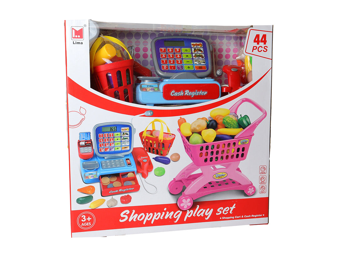 Set de juego de compras con caja registradora azul, carrito rosa y accesorios de comida de plástico.