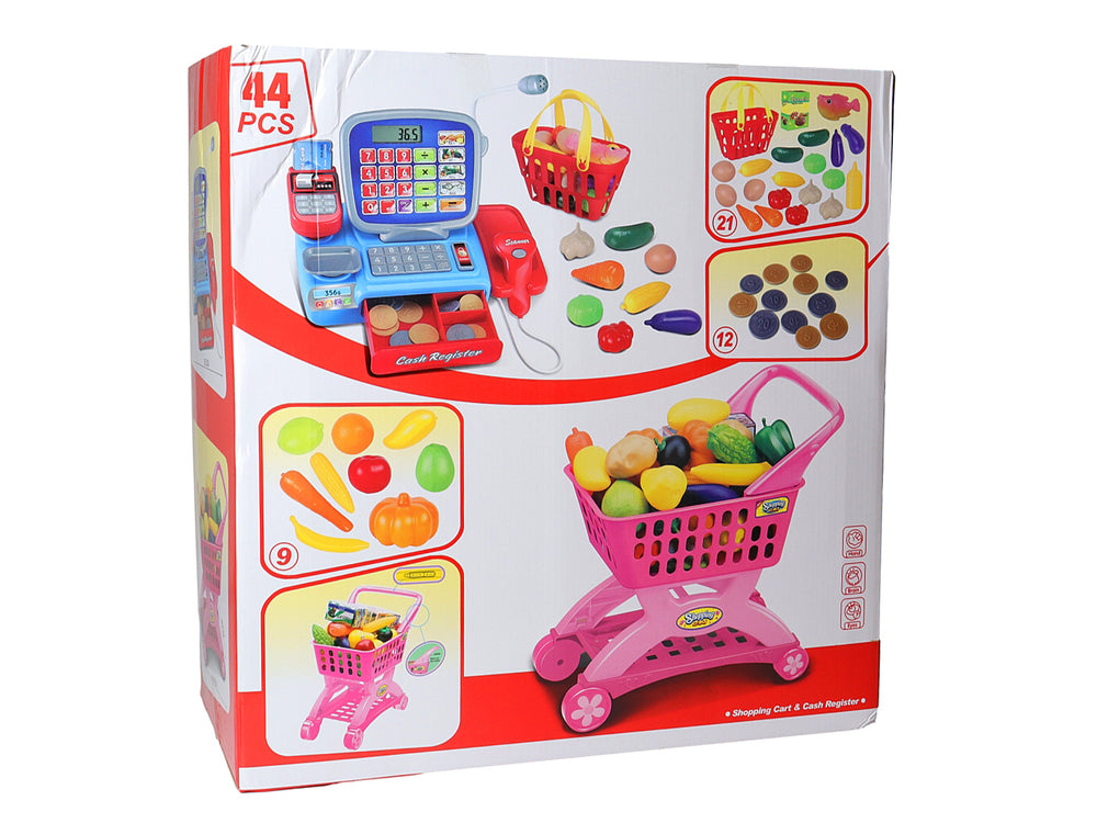 Set de juego de compras con caja registradora azul, carrito rosa y accesorios de comida de plástico.