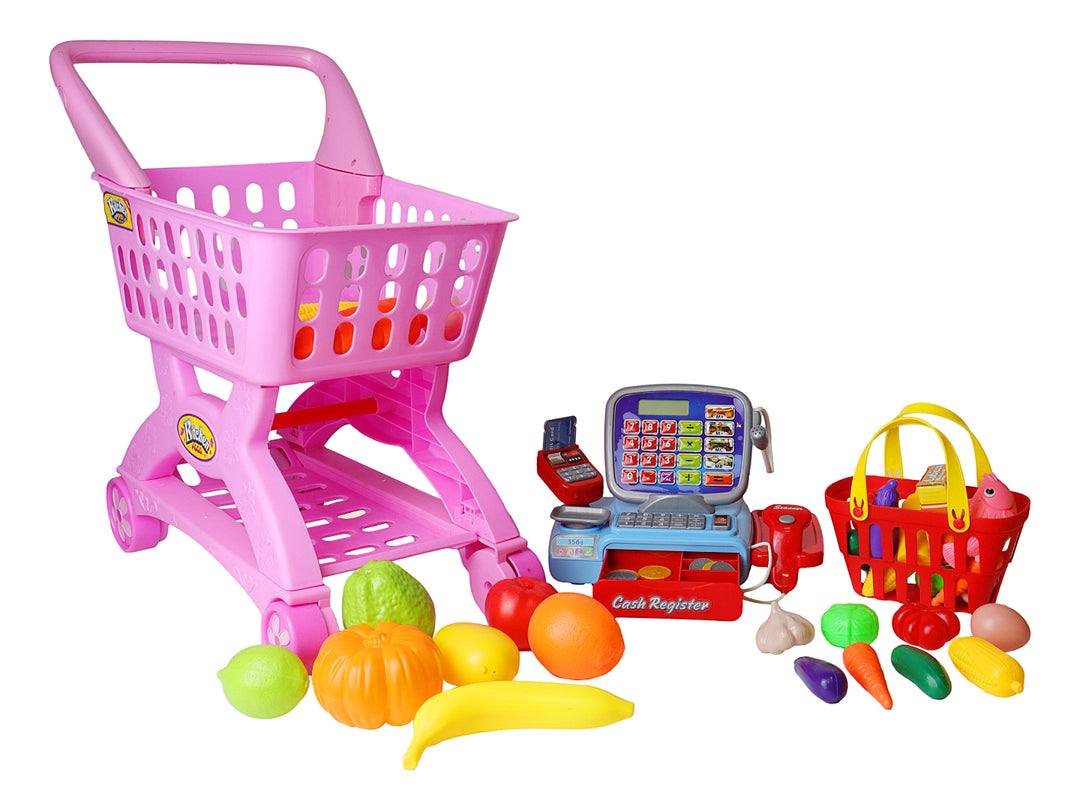 Set de juego de compras con caja registradora azul, carrito rosa y accesorios de comida de plástico.