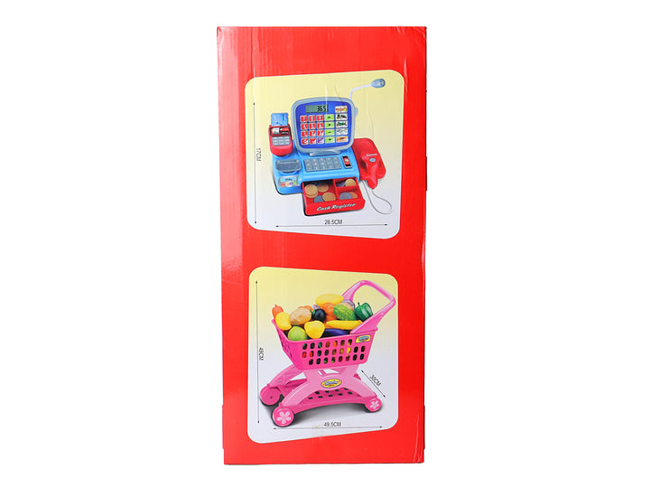 Set de juego de compras con caja registradora azul, carrito rosa y accesorios de comida de plástico.