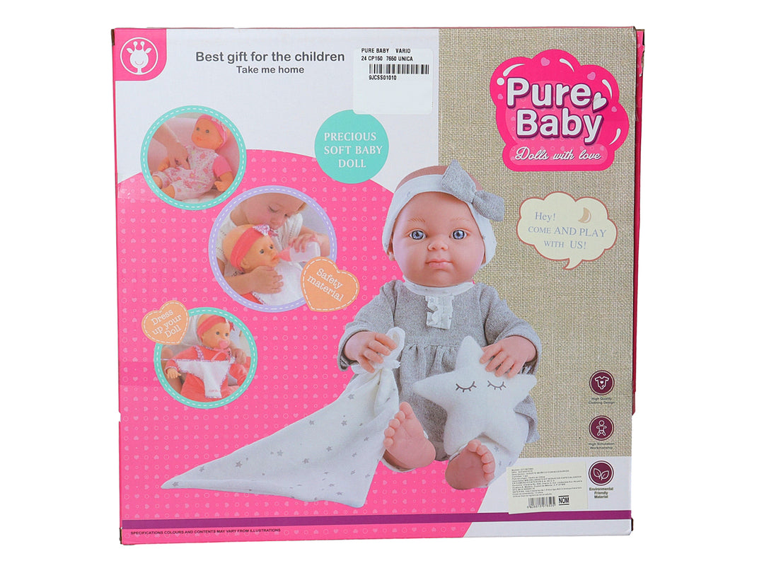 Set de juguete de muñeco bebé con ropa rosa, biberón, babero y un pequeño pony rosa sobre fondo blanco.