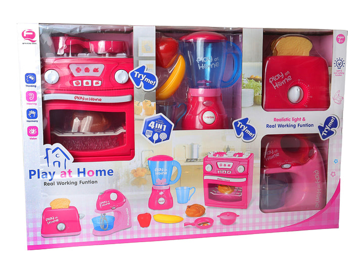 Set de juguetes de electrodomésticos en color rosa que incluye estufa, licuadora y tostador en su empaque.