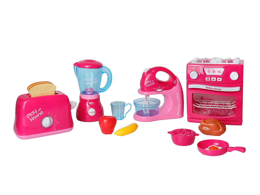 Set de juguetes de electrodomésticos en color rosa que incluye estufa, licuadora y tostador en su empaque.