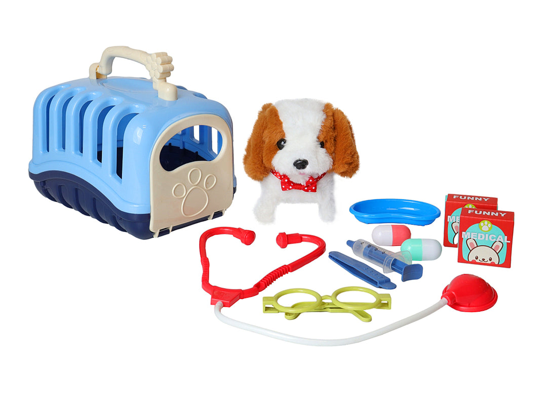 Set de juguete de veterinario con perrito de peluche, transportadora azul y accesorios médicos coloridos.