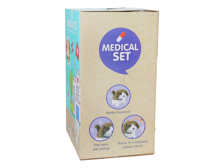 Set de juguete de veterinario con perrito de peluche, transportadora azul y accesorios médicos coloridos.