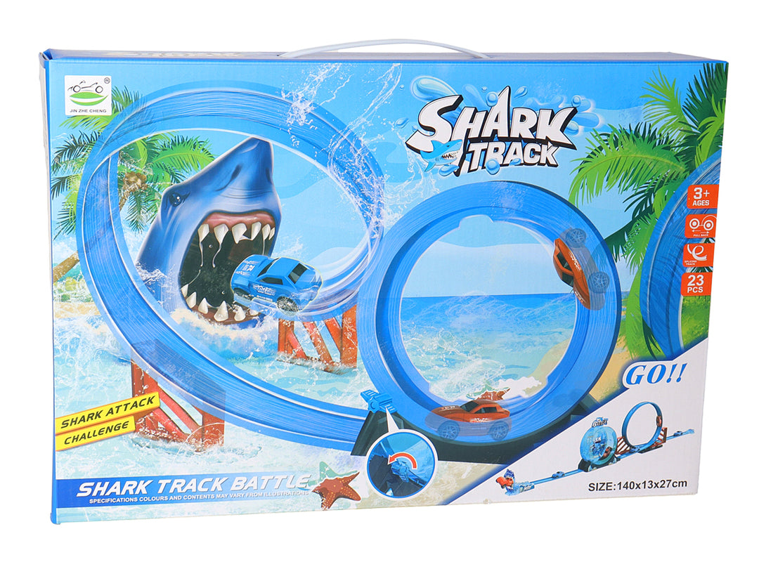 Caja de juego Shark Track Battle con pista azul, autos y un tiburón gigante