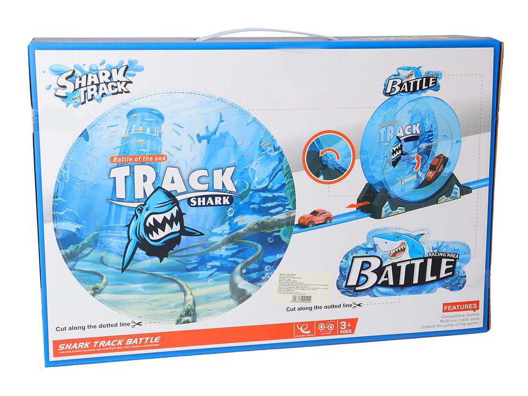 Caja de juego Shark Track Battle con pista azul, autos y un tiburón gigante