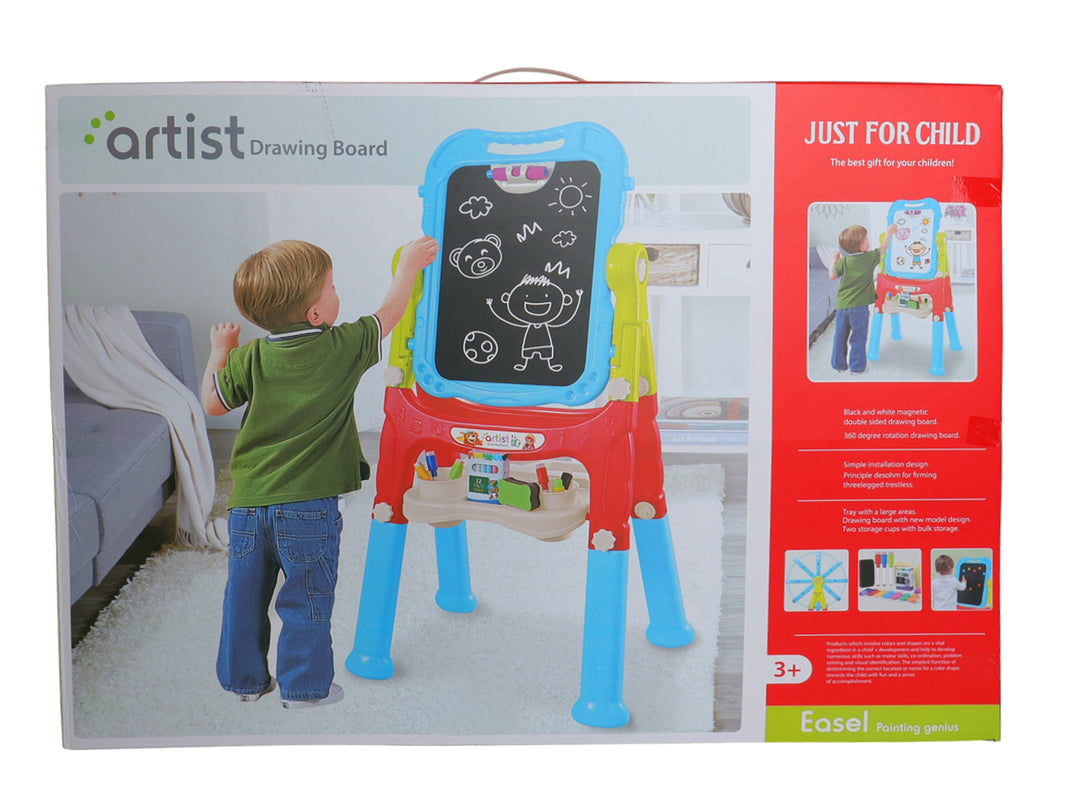 Tablero de dibujo educativo multicolor para niños con pizarrón y accesorios en un empaque