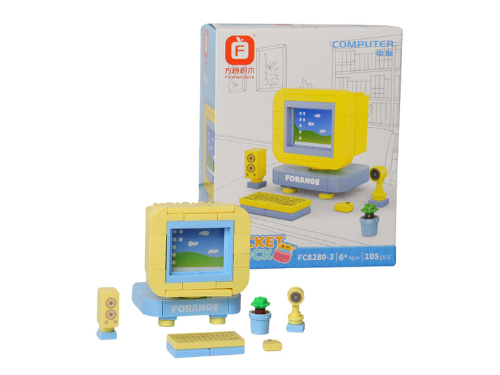Set de juguetes de bloques de construcción que representan diversos electrodomésticos y gadgets en sus cajas.