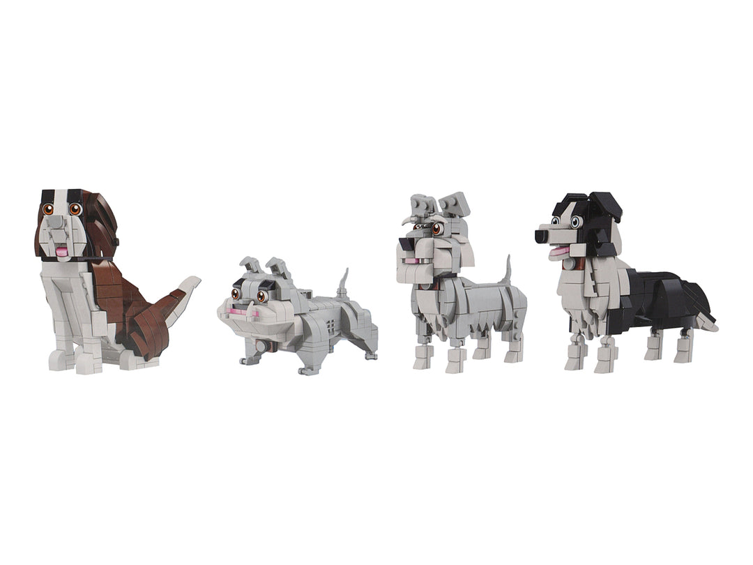 Set de cuatro figuras de perros construidas con bloques de plástico en colores blanco, negro, marrón y gris.