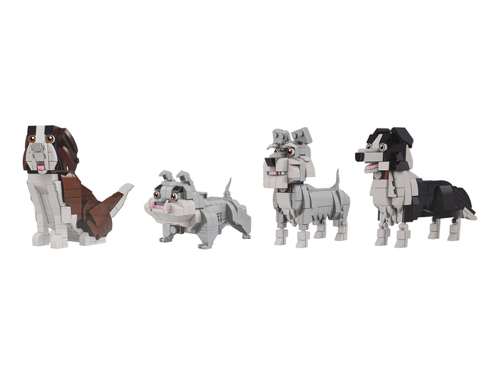 Set de cuatro figuras de perros construidas con bloques de plástico en colores blanco, negro, marrón y gris.